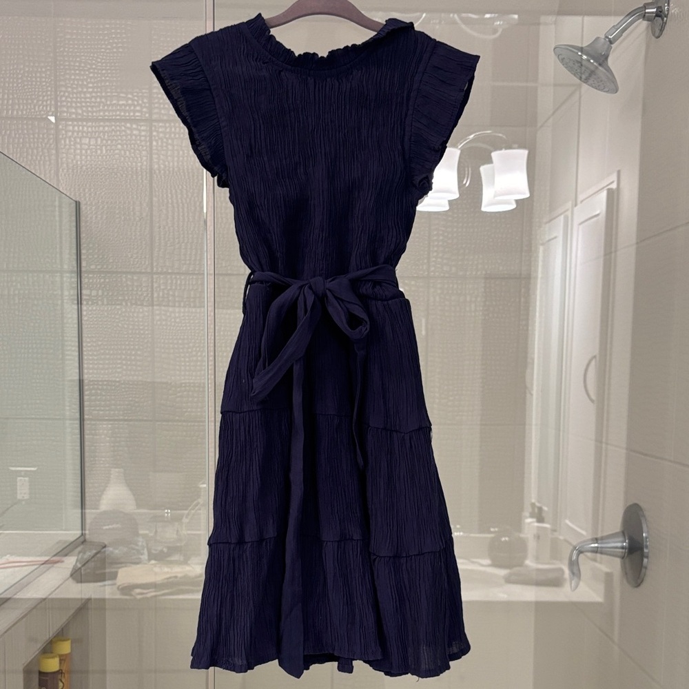 Girls Navy Cap Sleeve Tiered Midi Dress with Waist Tie
